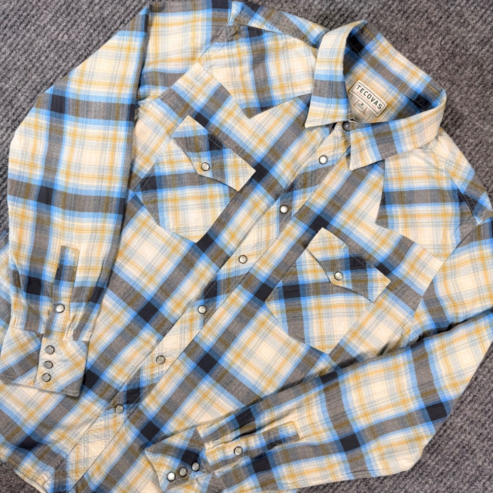 Tecovas Mens Blue Yellow Plaid Western Pearl Snap Flannel Shirt Medium